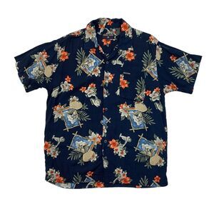 Vintage Point Zero Hawaiian Shirt Men S Small Navy Blue Tropical Button Up Rayon